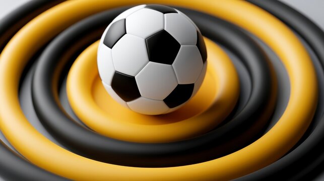 A classic black-and-white soccer ball resting on concentric yellow and black circular rings, creating a striking visual contrast.