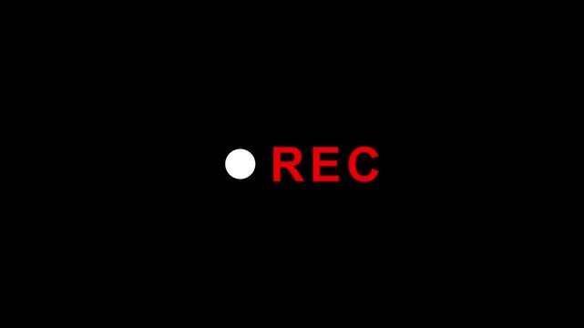 Recording icon Button Animation on Alpha Channel, rec text camera recording icon text animation, interface of video recorder digital display in black background 4k video