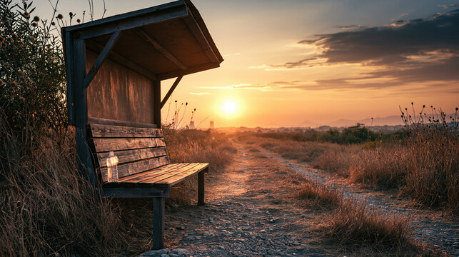 Remote bench sunset path rural landscape wooden shelter travel banner climate aware slow travel empty bench golden hour sunset light countryside