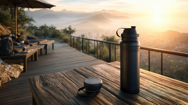 Travel banner image slow travel climate aware reusable bottle wooden table mountain view sunrise landscape outdoor terrace