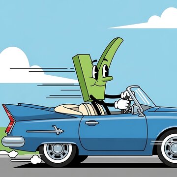 Green Cartoon Character Driving Blue Convertible Car on Sunny Road