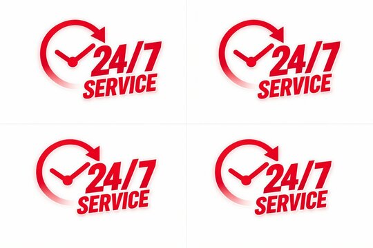 Bright red 24/7 service availability clock icon set