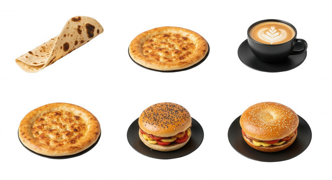 assorted prepared food items flatbread pizza coffee and sandwiches on black plates white background for restaurant menus or recipe content