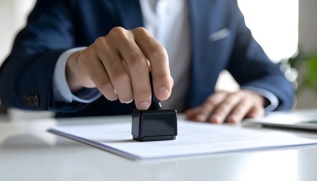 Professional Businessman in a Blue Suit Using a Rubber Stamp to Approve a Legal Document on a White Office Desk