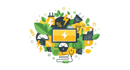 Fototapeta premium Renewable Green Energy Concept Flat Illustration with Battery, Solar Power Icons, and Eco-friendly Symbols for Sustainable Technology