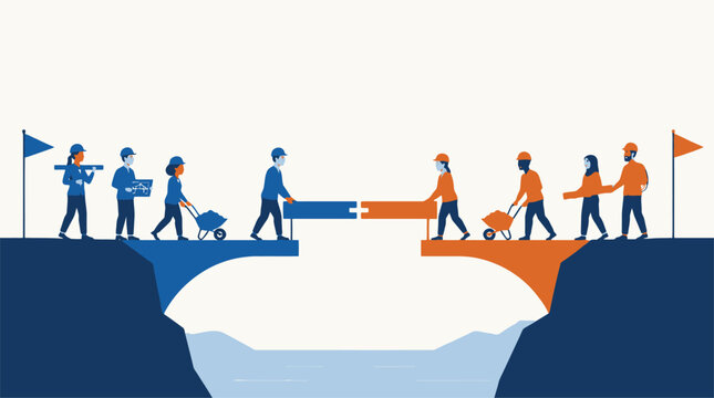 Teams of workers constructing a bridge over a canyon