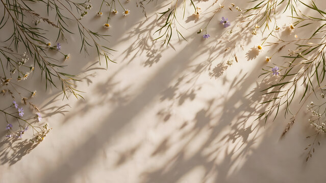 Soft Natural Floral Shadows Cast on a Beige Background for Minimalist Aesthetic Design and Elegant Spring Still Life Photography