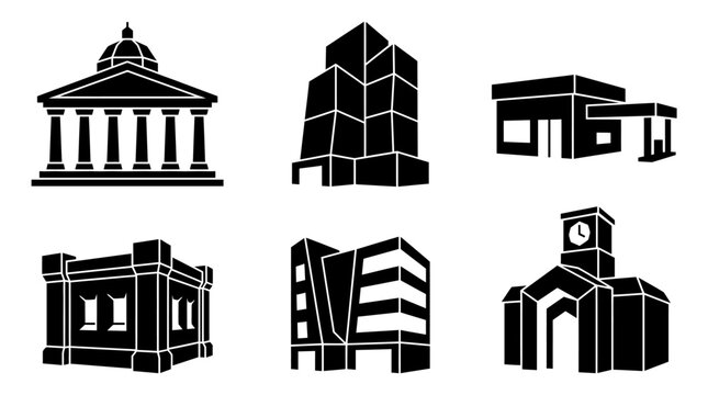 Black Silhouette Collection Of Architectural Building Shapes On White Background