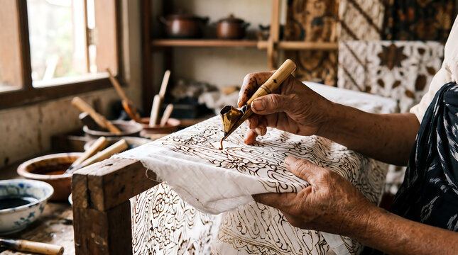 Artisan Hand Painting Traditional Batik Pattern with Canting Tool