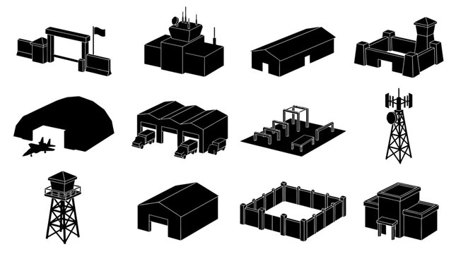 Black Silhouette Collection Of Military Buildings And Structures On White Background