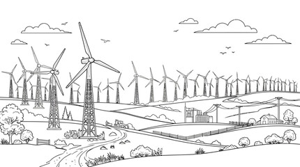 Wind turbines and rural landscape black and white vector illustration © Diganta