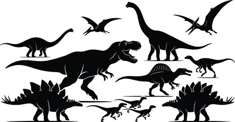 Silhouette collection of prehistoric dinosaurs and flying reptiles on white background for educational design © Sabbir's World