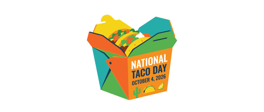 Colorful takeout container filled with tacos celebrating National Taco Day.