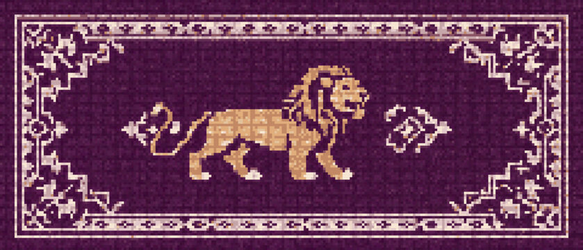 Thai Traditional Cross Stitch Singha Rug Pattern - Ornate Needlepoint Carpet Embroidery Chart, Pixel Tapestry for Cushion and Home Decor