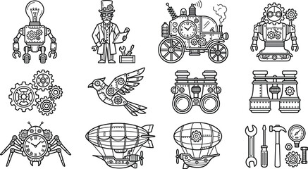 Steampunk Line Art Icon Set Featuring Retro Mechanical Robots Zeppelins Gears Inventions and Vintage Sci-Fi Technology Elements Vector IllustrationSteampunk Line Art Icon Set Featuring Retro Mechanica © BijoyChandra