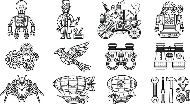 Steampunk Line Art Icon Set Featuring Retro Mechanical Robots Zeppelins Gears Inventions and Vintage Sci-Fi Technology Elements Vector IllustrationSteampunk Line Art Icon Set Featuring Retro Mechanica