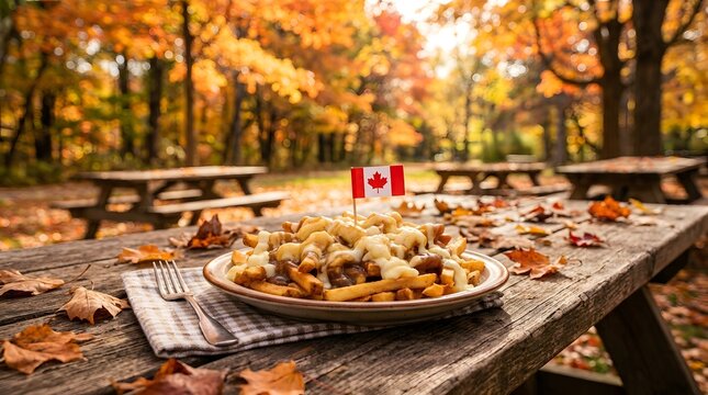 Thanksgiving poutine on a picnic table in a colorful autumn forest
