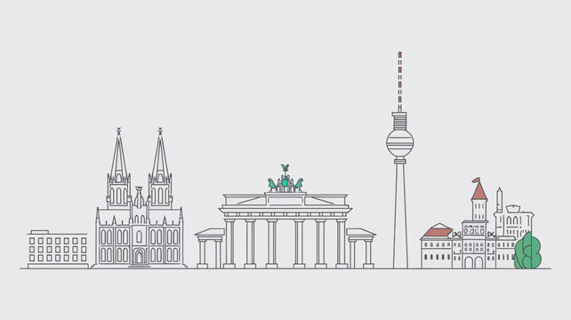 Berlin cityscape illustration featuring famous landmarks in a vector graphic design style with buildings