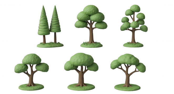various stylized cartoon tree models in a collection set isolated on white background educational or creative projects