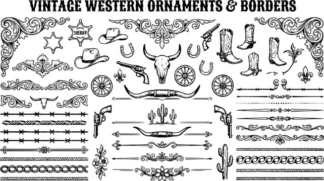 A large collection of old western design elements, embellishment, borders and divider lines.