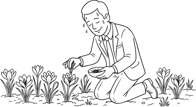 Line art drawing sweating businessman picking saffron threads with tweezers meticulous investment concept vector