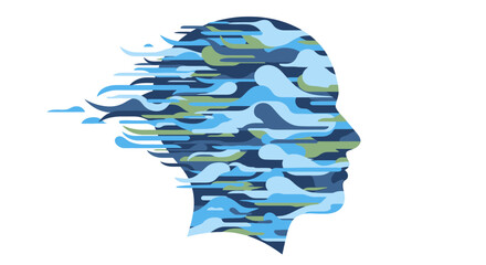 Disintegrating human head in blue and green camouflage pattern © Deshan