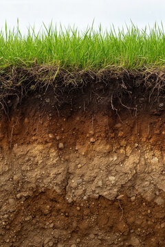 Underground soil layer of cross section earth, erosion ground with grass on top