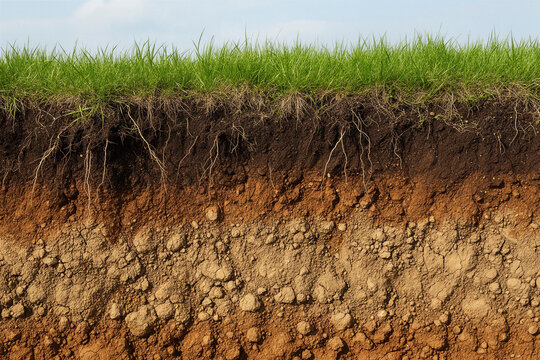 Underground soil layer of cross section earth, erosion ground with grass on top