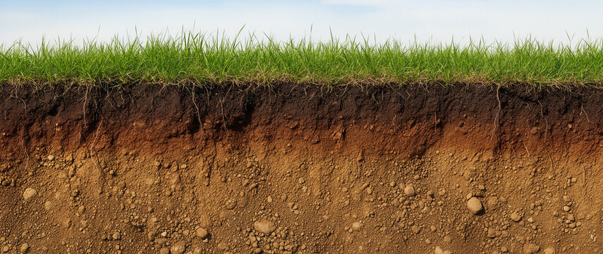 Underground soil layer of cross section earth, erosion ground with grass on top