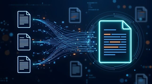 Digital document consolidation process visualizing data streams merging multiple files into central database for electronic workflow automation