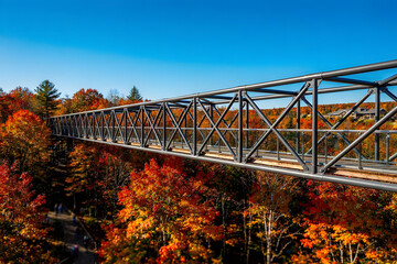Naklejka premium Rustic Metal Bridge Crossing Over Autumn Forest in Golden Hour Light
