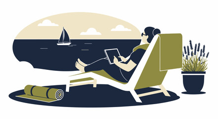 Obraz premium Feet relaxing on lounge chair by the sea, sailboat, minimalist vector art illustration of a summer holiday scene with a rolled mat.