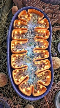 Mitochondrion, a power generating organelle, actively producing adenosine triphosphate molecule, displaying internal cristae membrane structure, matrix space, metabolic chemical reaction.