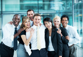 Obraz premium Portrait, laugh and diversity with business people at conference for community, solidarity and expo. Corporate seminar, tradeshow and partnership with employees in lobby for about us and team