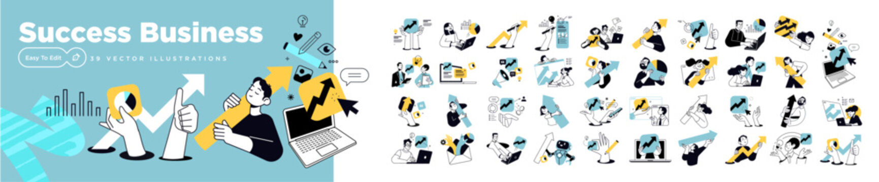 Success business. Set of people vector illustrations in various activities of business excellence, strategy and planning, data analytics, marketing and business improvement.