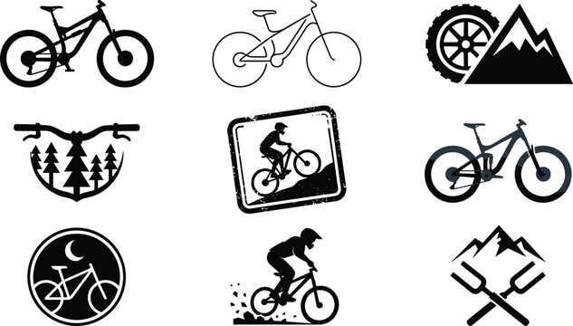 Mountain Biking Adventure Logo Collection with Bicycle Silhouettes, Outdoor Emblems, and Extreme Cycling Badge Illustrations