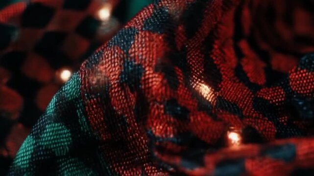 A close-up view of woven fabric in red, black, and green shades. The texture appears rough and coarse