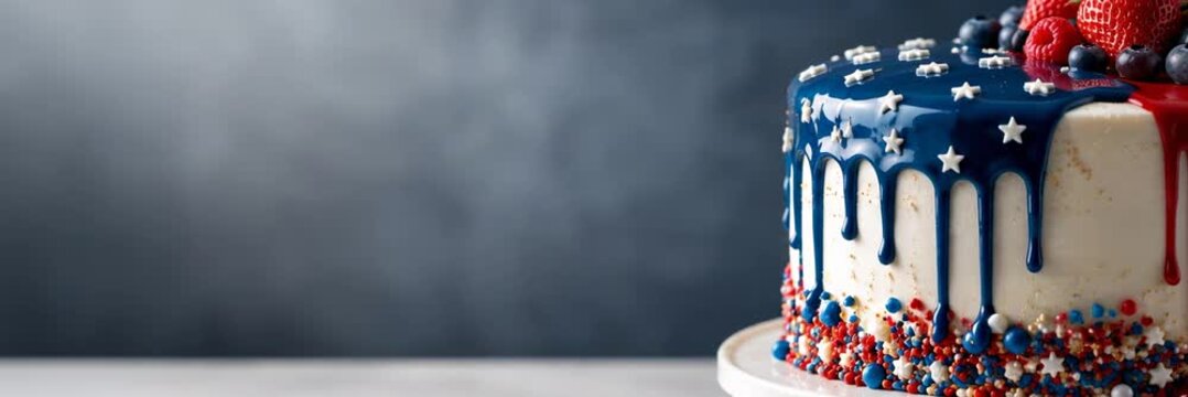 Patriotic drip cake with berries on dark background, website banner with copy space for text