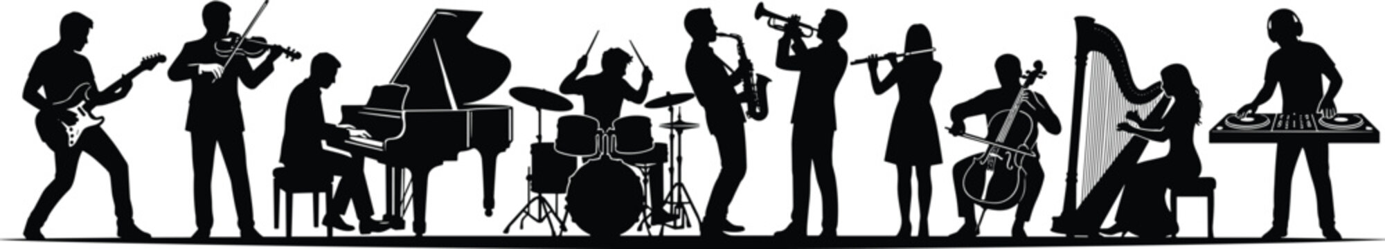 Silhouettes of musicians playing diverse instruments in performance