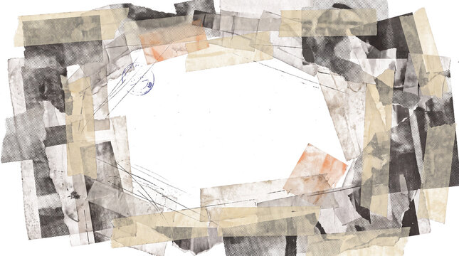 Layered paper collage overlay on white, torn scraps aged tape and halftone fragments with orange accent, vintage mixed-media, high resolution copy space horizontal, transparent background