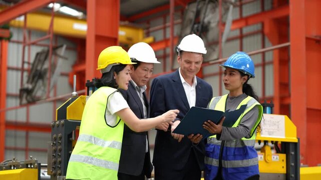 Group of engineers working together on a project inside an industrial warehouse wearing safety gear and reviewing documents