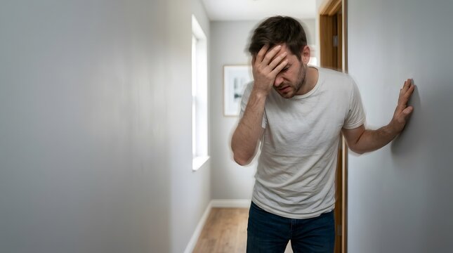 Exhausted man leaning heavily against a white wall feeling dizzy