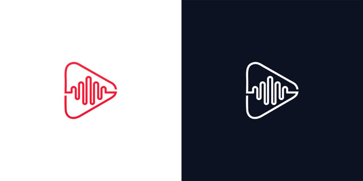 Minimalist audio logo design with a play button and sound waves.