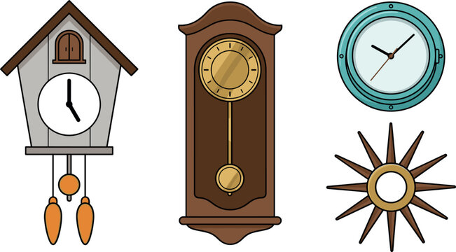 Vintage and Retro Wall Clock Vector Icon Set with Traditional Cuckoo Clock Grandfather Pendulum Clock and Mid Century Sunburst Designs