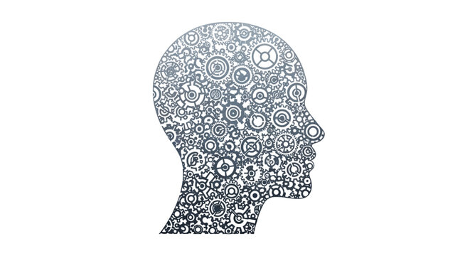 Human head silhouette with gears and cogs inside
