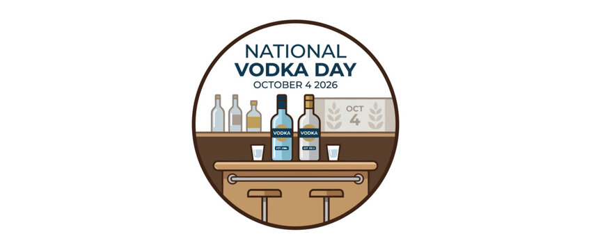 A circular graphic celebrating National Vodka Day with bottles and glasses on a bar counter.