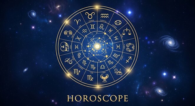Golden Zodiac Wheel Displayed in Deep Blue Starry Space Background