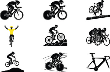 Obraz premium Cycling Race and Mountain Biking Silhouette Collection with Competitive Cyclists, BMX Tricks, and Bicycle Sports Illustrations