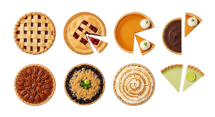 Fototapeta premium assorted pies overhead view some sliced on white recipe food blog or menu designs