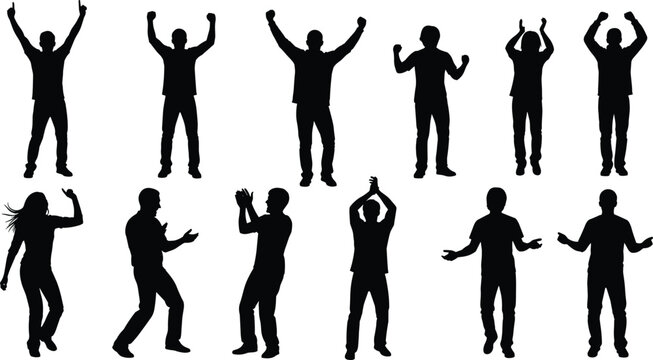 Silhouettes of people in diverse standing poses with expressive gestures and body language